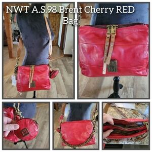 A.S.98 Cherry Red Leather Crossbody with Tan Strap